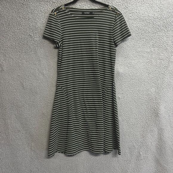 Lauren Ralph Lauren Black Label Dress Womens 12 Green Striped Knee Length Knit - Picture 1 of 11